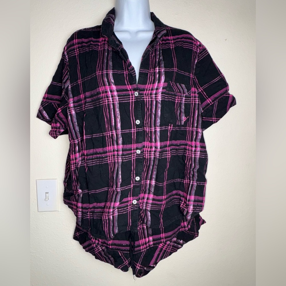 Victoria's Secret plaid button-down sleeve pajama top and shorts set